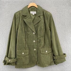 Bradley Bayou Blazer jacket Womens Large Green Leather Studded Woven Trim READ